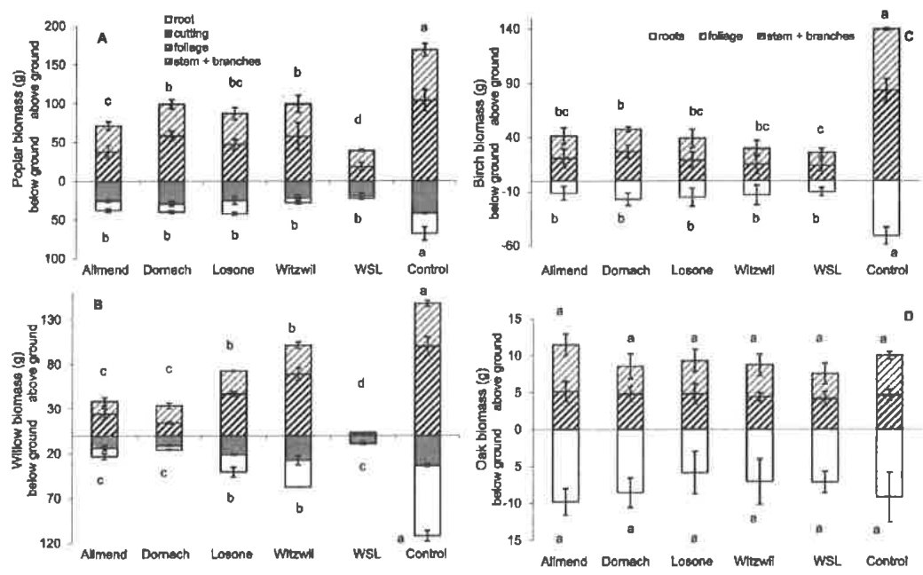 Figure 1 Shoot and root dry biomass production (mean of standard variation, n = 6) of poplar (A), willow (B), birch (C), and oak (D) after four months of growth, on the soils of Allmend, Dornach, Losone, Witzwil, WSL. an