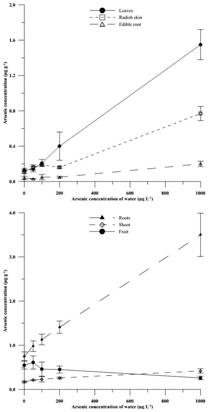 Fig. 2 Total arsenic concentration (mg g�1 dry weight) in various parts of radish (top) and tomato (bottom) grown under non-flooded irrigation. Data are means � SE (n = 3).