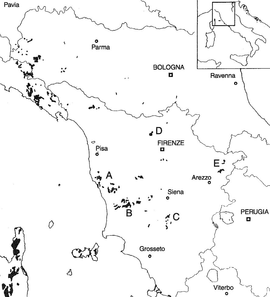 Fig. 1. Distribution of the ultramafic outcrops (black) of Corsica and central-northern Italy with indications of study areas. A - Livorno hills; B - Cecina Valley and surrounding areas; C - Murlo area; D - Mt. Ferrato; 