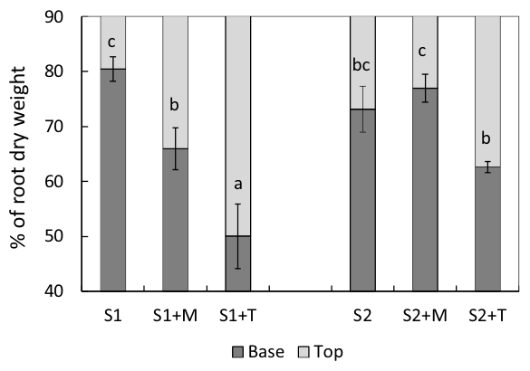 Fig. 3. Distribution of root dry weight in the pots for each treatment, where “top” is the upper 3 cm of the soil in the pots and “base” is the remaining soil underneath. S1 and S2 represent the soil 1 and soil 2 control