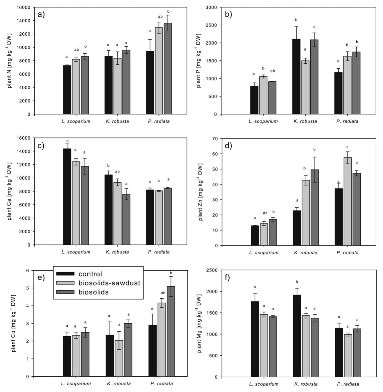 Fig. 2. Concentration of selected macro- and micronutrients in plant leaves [mg kg−1 DW] after a growing period of 18 weeks in control, biosolids-sawdust and biosolids amended treatments (n = 4 ± se). Significant differe