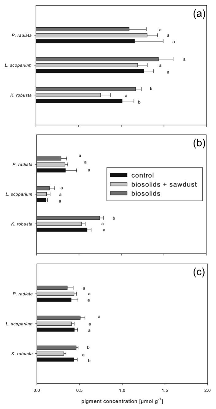 Fig. 3. Concentration of chlorophyll (a), anthocyanin (b) and carotenoids (c) in plant leaves [μmol g−1] after a growing period of 18 weeks in control, biosolids-sawdust and biosolids amended treatments (n = 4 ± se). Sig