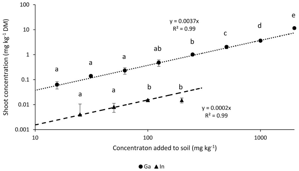 Fig. 2. Effect of the concentration of Ga and In added to soil on ryegrass shoot concentrations. Error bars denote standard deviation of mean values; different letters denote significance; n ¼ 4.