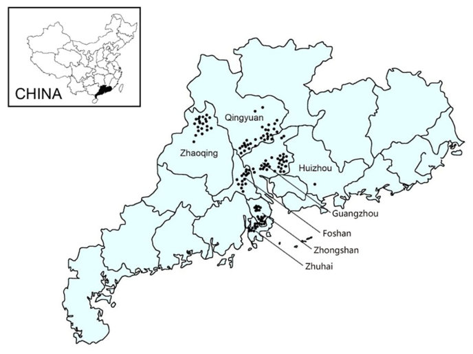 Figure 1. Distributions of the 150 sampling sites in different cities (Foshan, Huizhou, Guangzhou, Qingyuan, Zhaoqing, Zhongshan, Zhuhai) of Guangdong Province, China.