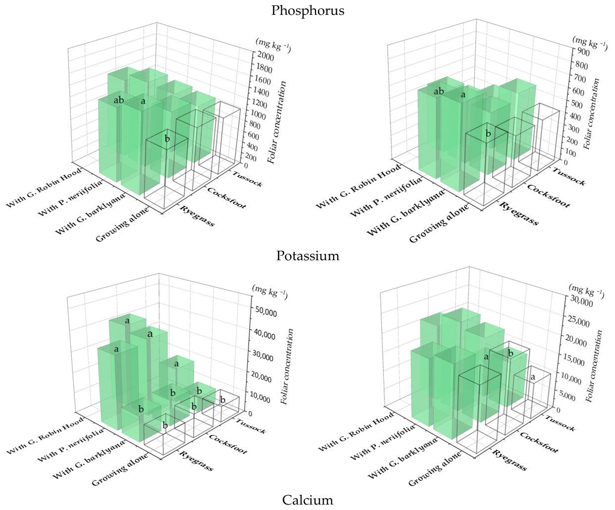 Figure 2. Nutrient concentrations in the foliage of the two Grevillea spp. when they were growing alone or together with Dactylis glomerata (cocksfoot) (open bars, first sampling; shaded bars, final sampling). Different