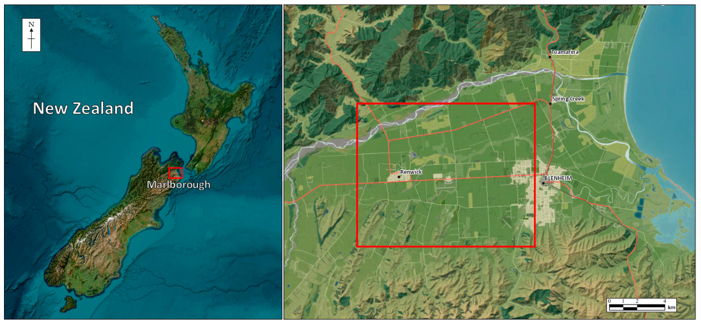 Figure 1. Map of Marlborough region on the northern coast of the South Island of New Zealand. Red squares indicate the general locations of the three sites where samples were collected for the measurements.
