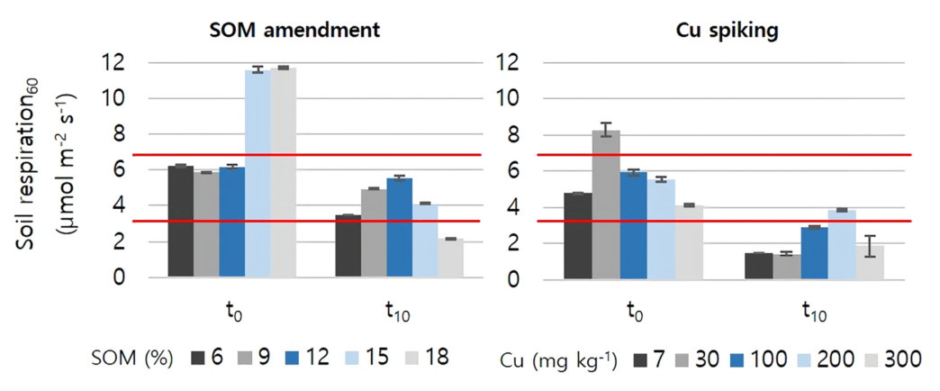 Fig. 5. Effects of adjustment of SOM and soil Cu on soil respiration60 (μmol m− 2s− 1) after the stabilisation period (t0) and with additional Cu added over the subsequent 10 days (t10) (n = 15, means ± s.d.). Horizontal