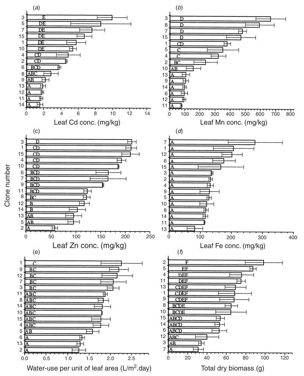 Fig. 1. Variations in the willow clones of (a) leaf Cd concentrations, (b) leaf Zn concentrations, (c) leaf Mn concentrations, (d) leaf Fe concentrations, (e) water use per unit leaf area, and (f) dry biomass production.