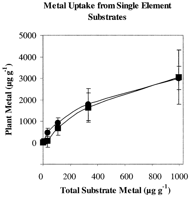 FIGURE 1. Mean Ni (square) and Co (circle) uptake by Berkheya coddii (dry wt., n = 8) as a function of total substrate metal concentrations from single-element substrates. ± standard error of the mean, concentrations in