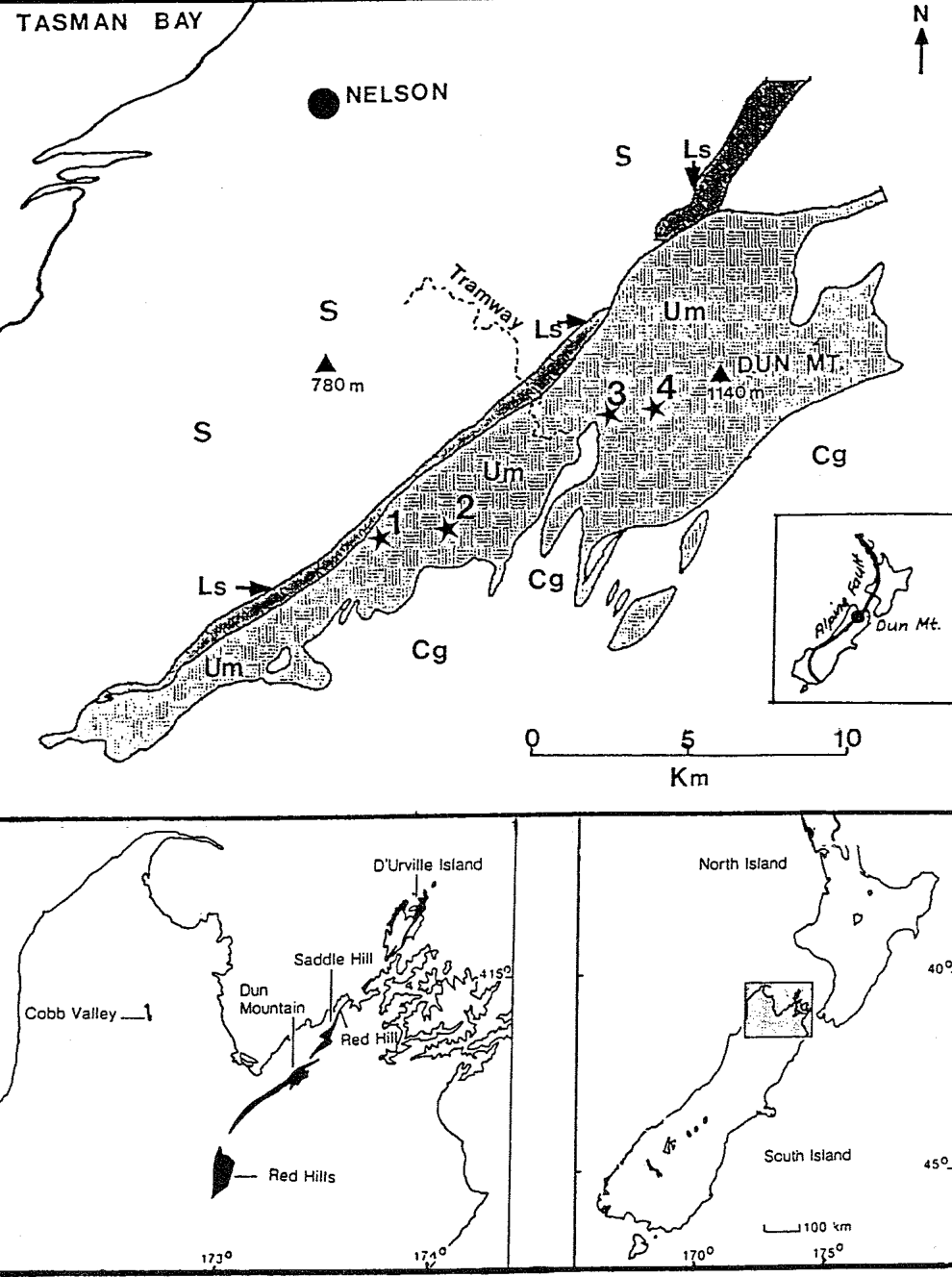 Fig. 1 Map of the Dun Mountain Ophiolitic Belt. Cg - Patuki Melange of a conglomerate of sedimentary, volcanic and ultramafic rocks. Ls - Wooded Peak Limestone consisting of poorly bedded grey limestone with with lenses