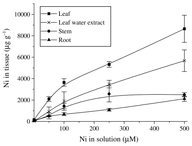 Fig. 1 Nickel (Ni) concentration in various tissues of Berkheya coddii as a function of Ni concentration in nutrient solution; n = 3. Squares, leaf; crosses, leaf water extract; circles, stem; triangles, root.