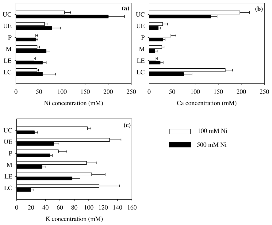 Fig. 3 Concentration of nickel (Ni) (a), calcium (Ca) (b) and potassium (K) (c) in different parts of Berkheya coddii leaves as determined by X-ray microanalyses of cross-sections. UC, upper cuticle; UE, upper epidermis 