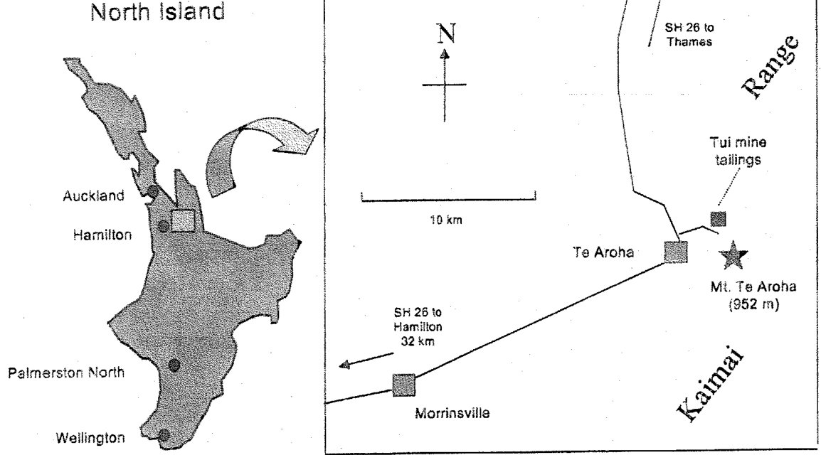 Figure 1. Location of Tui mine tailings. The tailings dam is located on the northwest flank on Mount Te Aroha, approximately 3 km northeast of the township of Te Aroha, North Island of New Zealand.