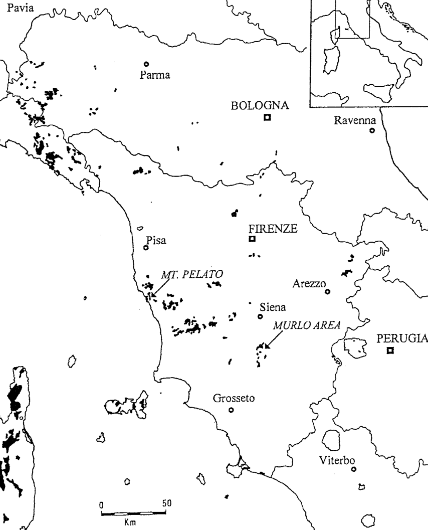 Fig.15.6. Map of north-central Italy showing areas of ultramafic rocks (dark) and sites of the study. Source: Robinson et al. (1997).