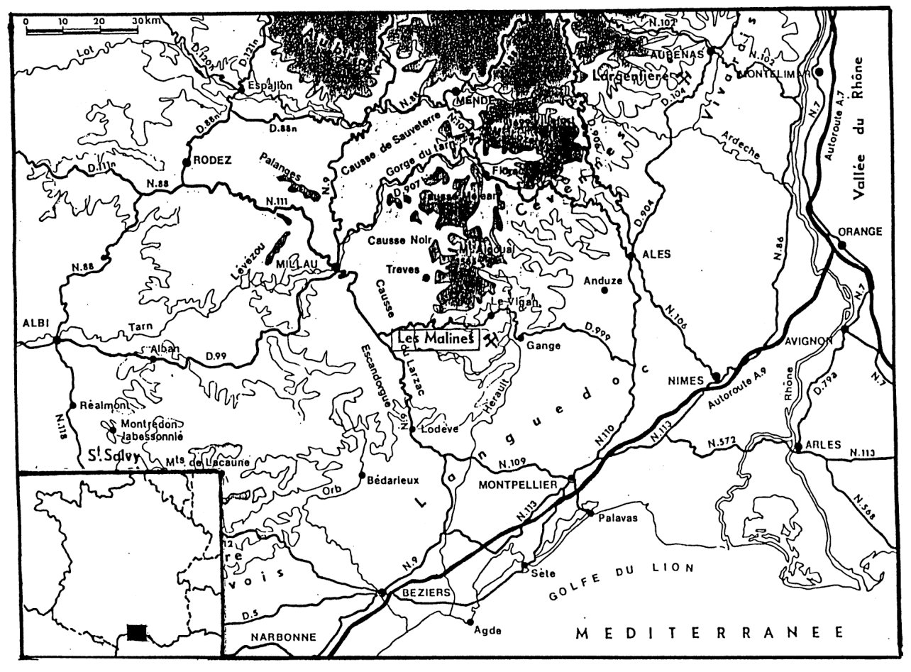 Figure 1. Location map of the Les Malines base metal mining area of southern France. Dark areas are land over 1000 m altitude.